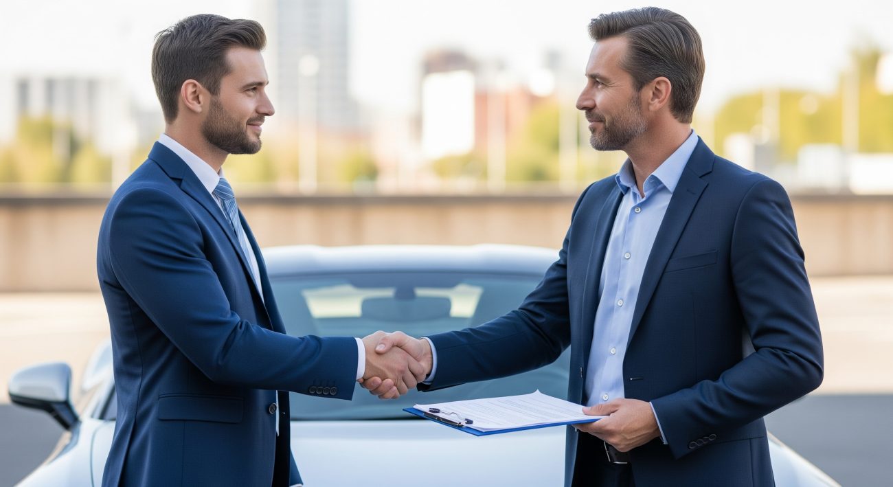 A person shaking hands with a loan advisor in front of a silver car, symbolising agreement in a Pawn Your Car and Still Drive It deal.