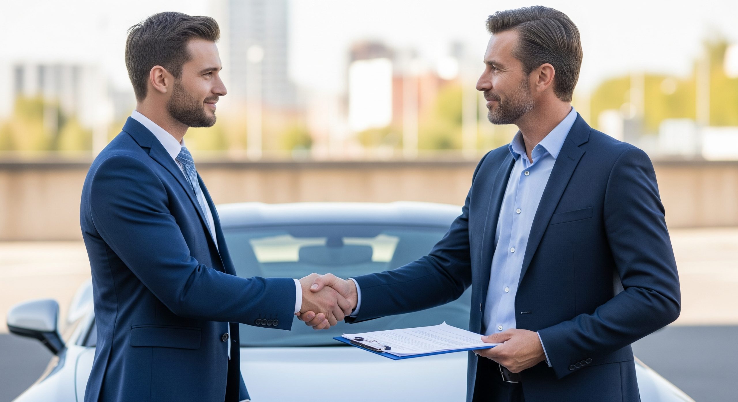 A person shaking hands with a loan advisor in front of a silver car, symbolising agreement in a Pawn Your Car and Still Drive It deal.