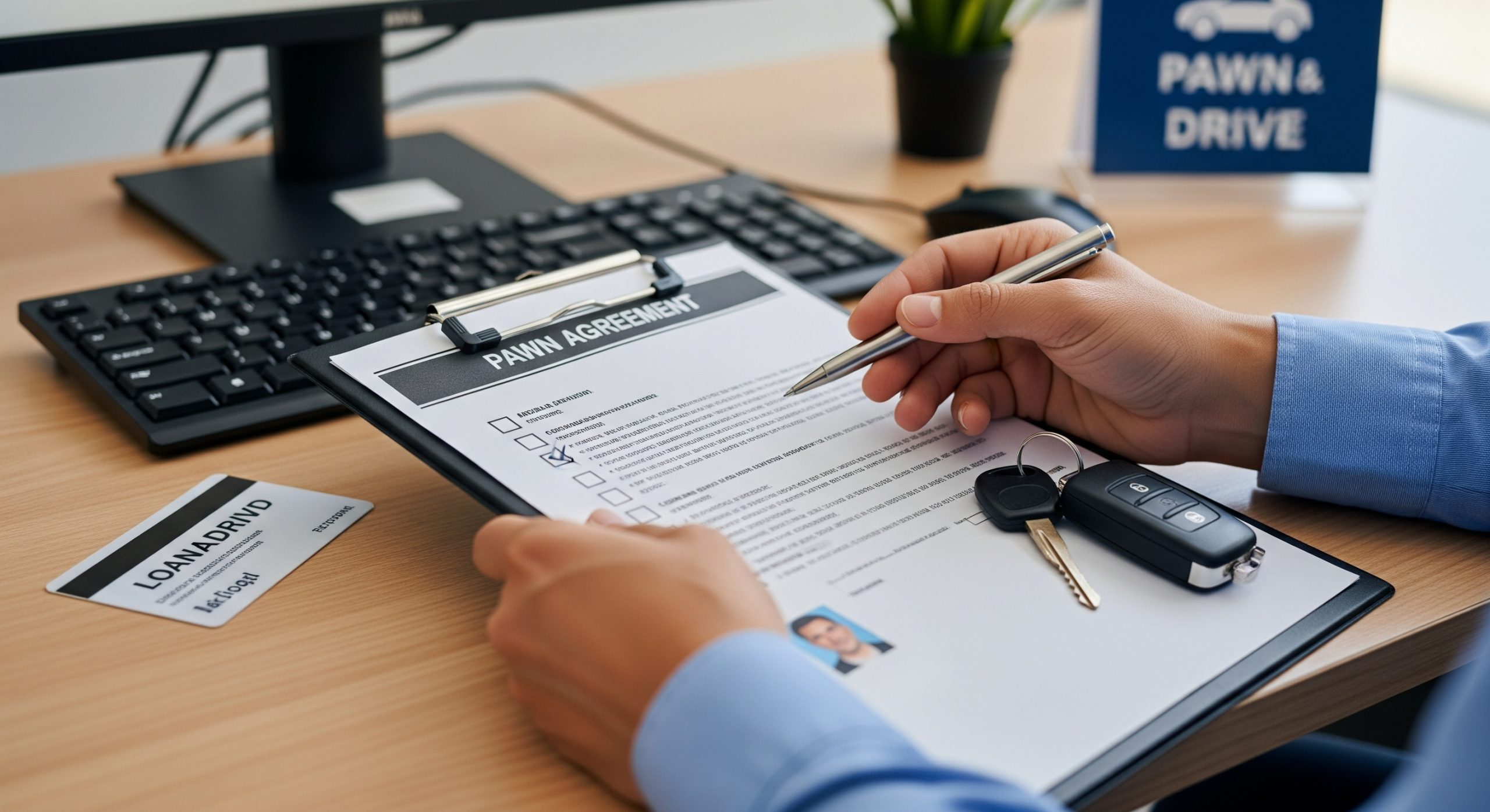 Close-up of car finance documents and keys, highlighting the benefits of a pawn and drive agreement.