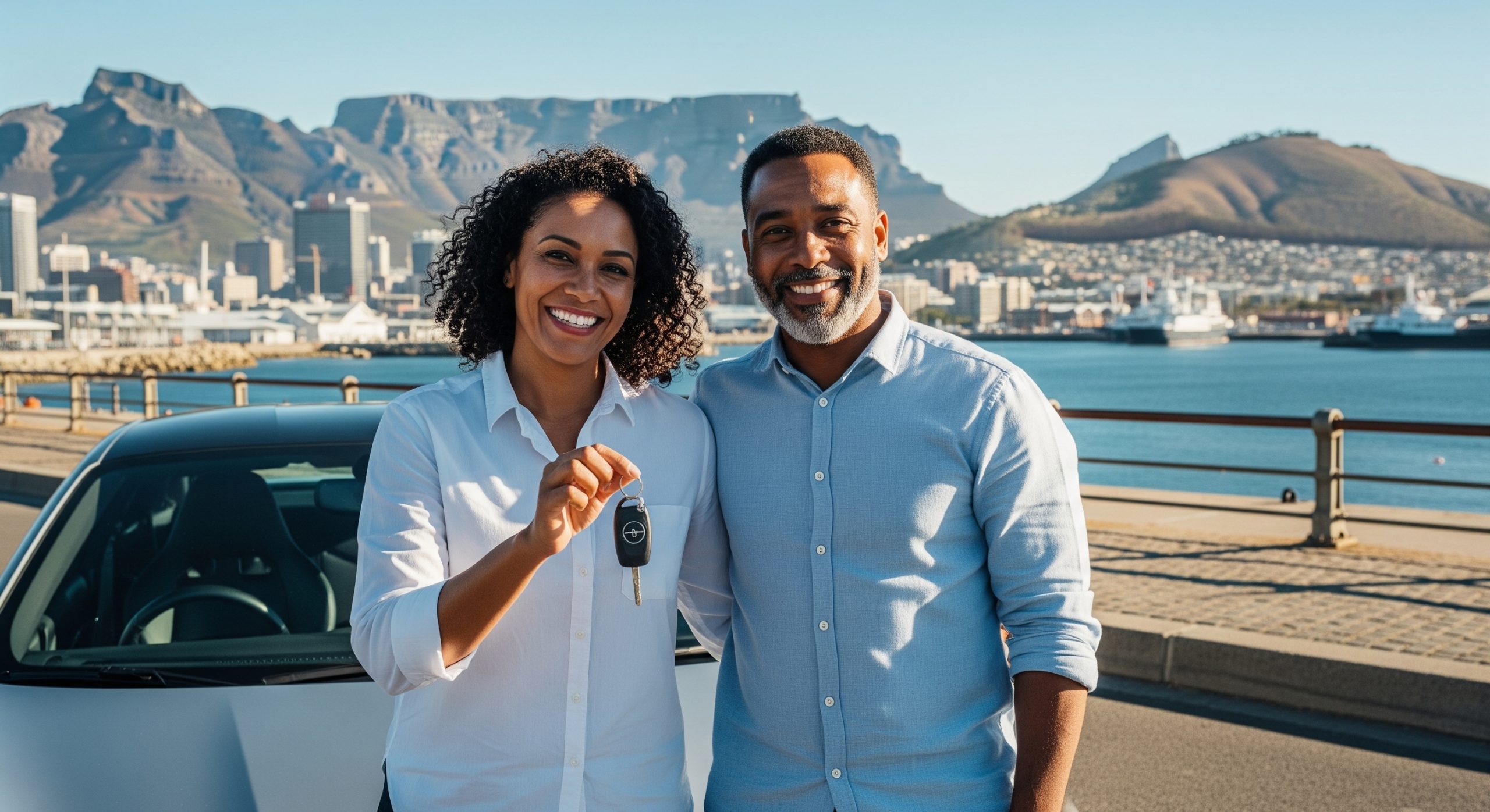 Happy South African car owner standing next to vehicle after successfully completing a pawn your car and still drive it deal