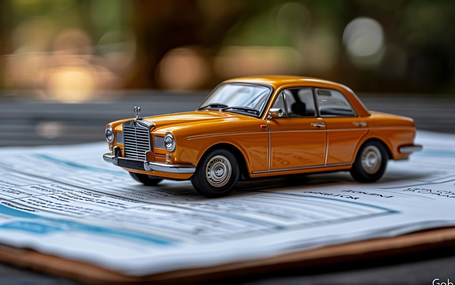 Orange model car resting on finance agreement paperwork, representing how to settle outstanding vehicle finance